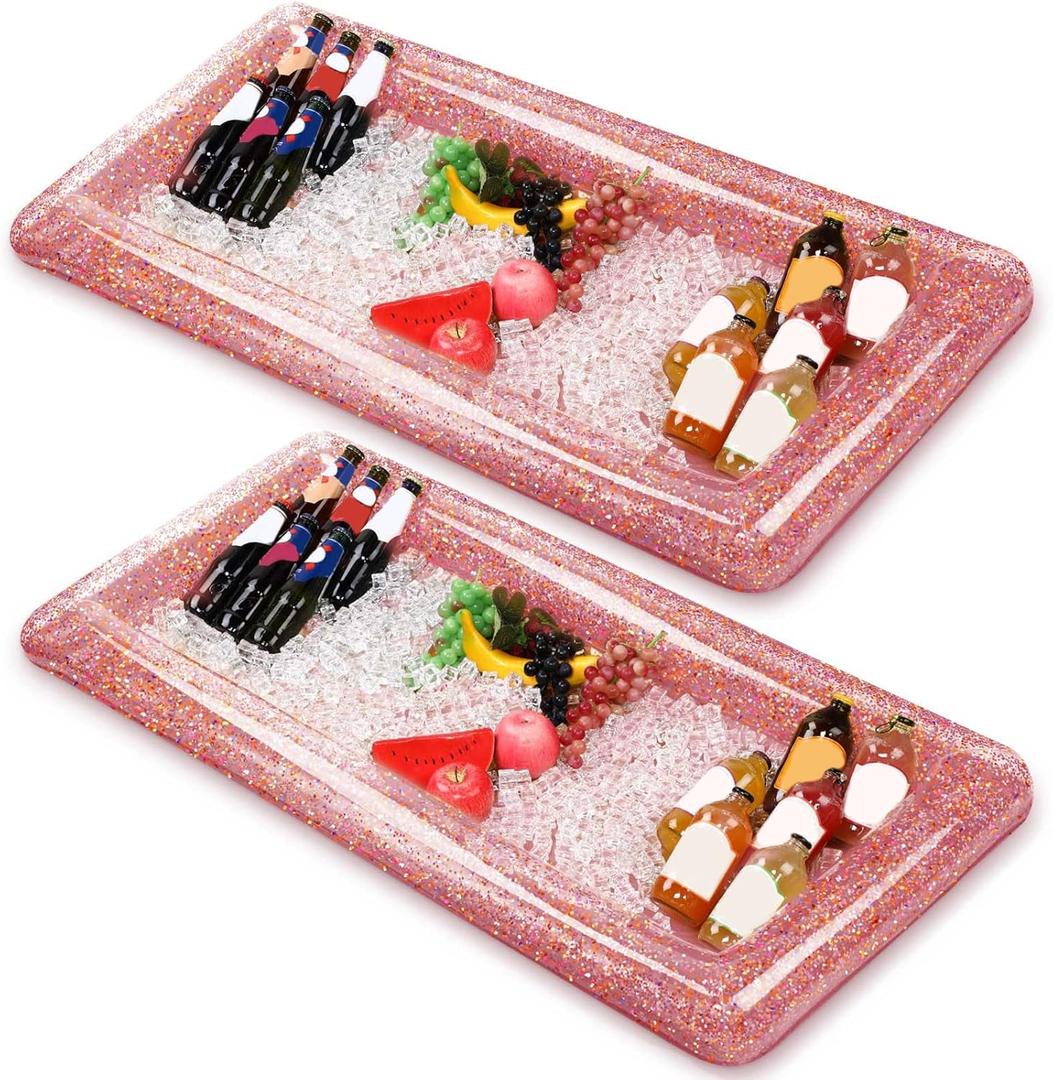 2 Pieces Inflatable Serving Bar Glittering Confetti Food Cooler Buffet with Drain Plug, Inflatable Ice Serving Bar for Food and Drinks for Pool and Outdoor Events(Pink)