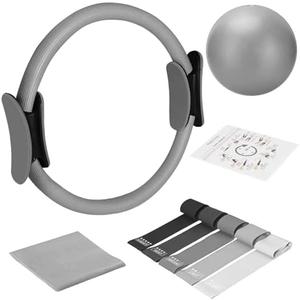 TOPZGLEEY Pilates Ring Set – 14" Anti-Deformation Magic Circle with Padded Handles, Mini Ball, 5 Resistance Bands, Guide, Pilates Equipment for Home Workout