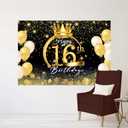 9x6ft Happy 16th Birthday Party Decoration Black Gold Sign Sixteen Birthday Poster for Anniversary Photo Booth Backdrop Background Banner BJDWAT0415