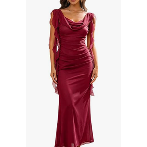 Monanoat  Women's Sleeveless Ruched Ruffle Evening Gown Maxi Dress Bodycon Party Mesh Formal Dresses (Red, Small)