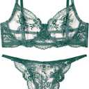 FEOYA Sexy Lingerie Set for Women Underwire Push Up Floral Lace Bra and Panty Embroidered Mesh Sheer Bralette Thong Underwear XL
