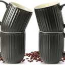 HASENSE Coffee Mugs Set of 4, 16 Oz Large Ceramic Ribbed Latte Cups with Big Handle for Coffee, Tea and Cocoa, Modern Design & Light Weight, Microwave & Dishwasher Safe, Black
