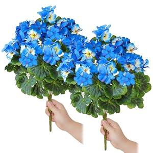 MEIVINES Fake Flowers 2PCS 17.3In Artificial Geraniums for Outdoors Realistic Artificial Geraniums UV Resistant Silk Flowers for Home Garden Wedding Indoor Outdoor Decoration (Blue)