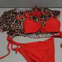 Verdusa Women's 3 Piece Bikini Set Halter Triangle Cheeky String Swimsuit with Leopard Mesh Crop Top Red Medium L