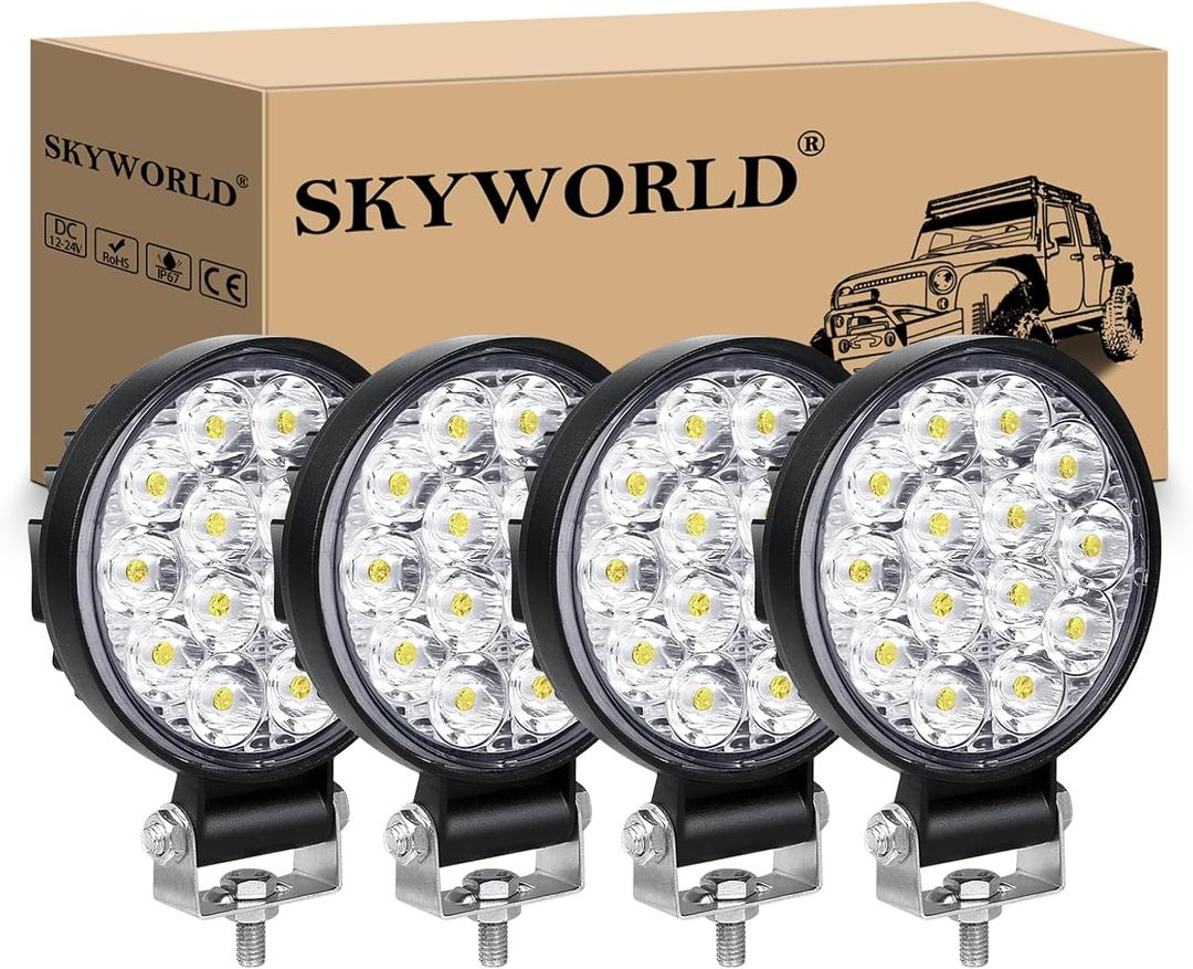SKYWORLD 4pcs Round Light Bar Pods, 3.2 inch 42W Spot Beam Mini Offroad Driving Fog Lights Work Lamp 12V 24V for Car Trucks Tractors 4x4 SUV ATV Tractors Excavator Boats, 6000K White
