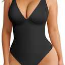 FeelinGirl Shapewear Bodysuits for Women Tummy Control Body Suits Deep V Neck Thong Body Shaper (Medium, Black)