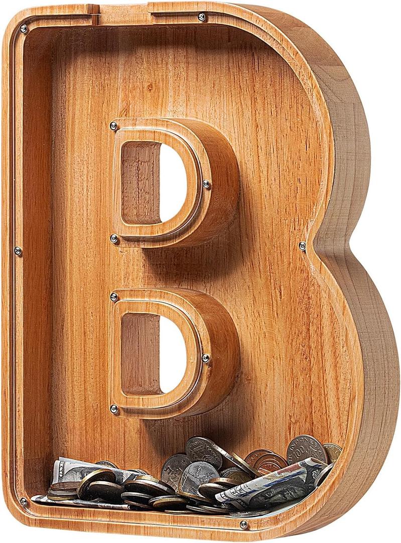 Piggy Bank for Kids Boys Girls, Large Personalized Wooden Letter Piggy Bank with Cut-Out Design, Alphabet Letter Coin Banks, Money Savings Box, Wooden Bank for Kids Creative Gift for Real-Money(B) (New Style-Initial-9.2")