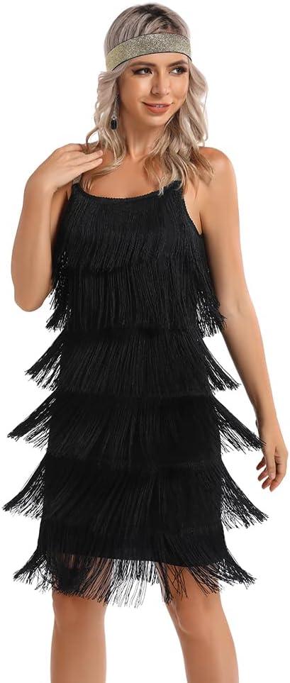 Women's Great Gatsby Flapper Spaghetti Tassel Dress with Headband, 20s Elegant Mini Dress Party Accessory COSTUME OUTFIT (M, Black)