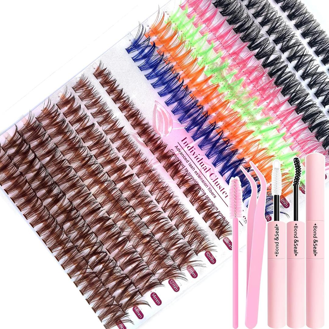 5 x Brown Lash Clusters Kit, 10-16mm Natural Colored Lashes Clusters, Includes Pink Blue Green Orange Black Wispy Clusters for DIY Eyelash Extensions, Rainbow Lash Set