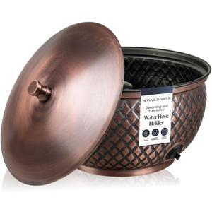 Monarch Abode Garden Hose Holder with Lid Decorative Water Hose Holders for Outside, Diamond Embossed Metal Antique Copper Pot with Drainage, 100ft Waterhose Holder for Outside, Garden Storage Caddy