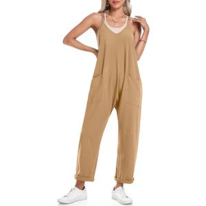 TARSE Women's Sleeveless Jumpsuits V Neck Harem Overalls Causal Adjustable Straps Stretchy Comfy Romper with Pockets 2025 (Brown, M)