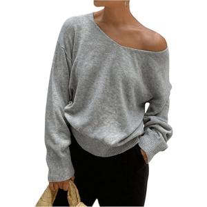 Women's V Neck Knit Sweater Long Sleeve Lightweight Off The Shoulder Sweaters Pullovers Trendy (S)