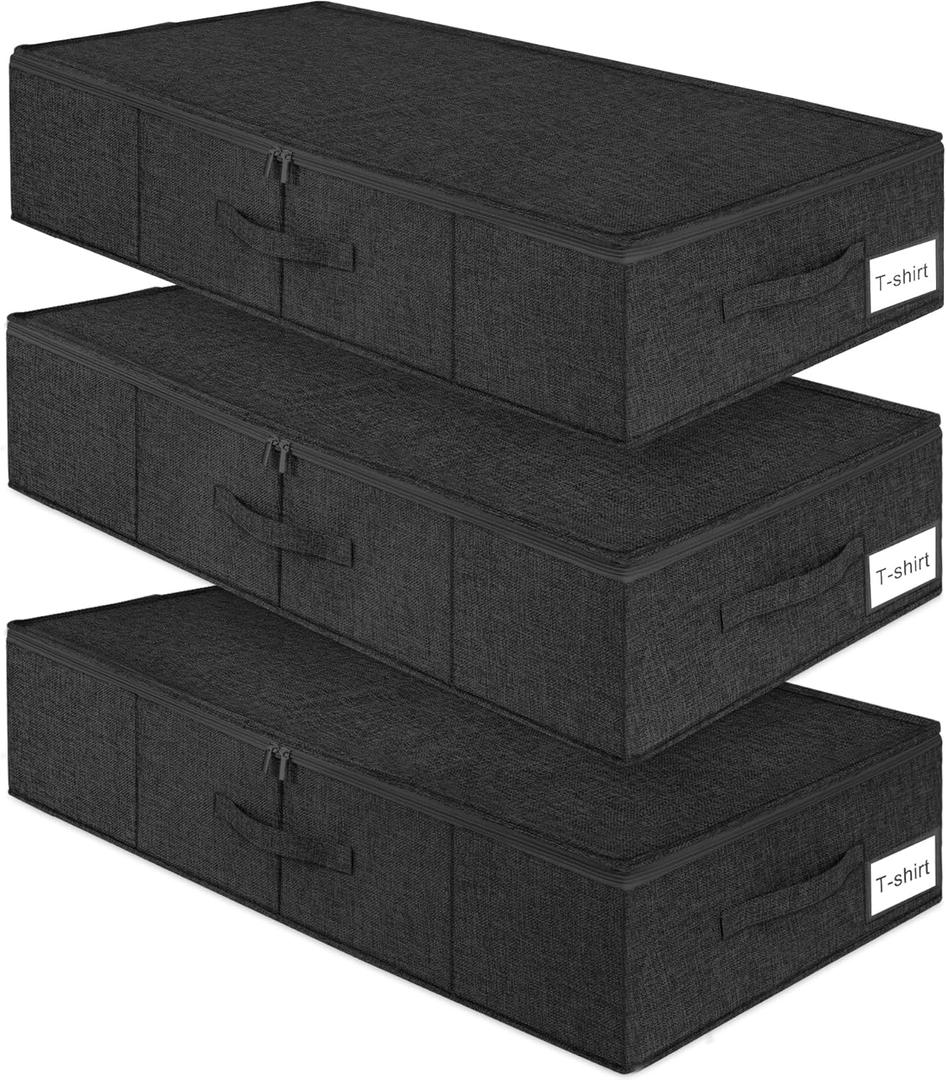 Under Bed Storage Container, 3 Pack Under bed Storage Bags With Lid, Foldable Sturdy Clothes Storage Organizer W/ 3 Handles, Ultra Thick Fabric Blanket Shoe Storage Box, 30x15x6.7inch, Black, 50L
