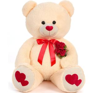 Tezituor Giant Teddy Bear Stuffed Animal 4ft - Big Teddy Bear with Love Red Heart - Large Stuffed Bear Plush Toys for Kid Christmas Birthday - Valentines Bear Gift for Girlfriend, Cream