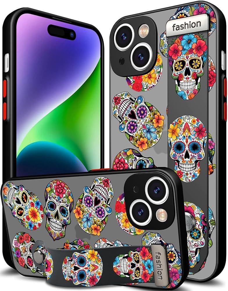 Compatible for iPhone 14 Case Cute with Strap Stand Finger Kickstand, Designer Cool Silicone Cases Funda Cover - Blue Skulls Skeletons Halloween