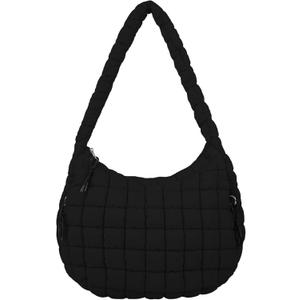 Quilted Puffer Tote Bag Puffy Crossbody Shoulder Bag with Zipper, Nylon Hobo Handbag Travel Carryall Bags for Women Girls (Medium, Black)