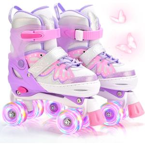 NEMONE Mermaid 4 Size Adjustable Light up Roller Skates for Girls, Purple Blue Skates for Toddlers, Beginner Kids Butterfly Roller Skates Indoor Outdoor (Medium - Big Kid)