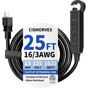 25 Ft 3 Outlet Outdoor Extension Cord Waterproof, Grounded Extension Cord with Multiple Outlets, 16/3 AWG 3 Prong Power Strip for Garden, Patio, Camping, 13A 125V 1625W, ETL Listed, Black