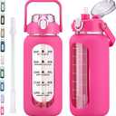 64oz Glass Water Bottles with Straw, Half Gallon Motivational Glass Bottle with Silicone Sleeve and Time Marker, 2L Leakproof Large Glass Water Jug for Gym Home Office, Rose Red