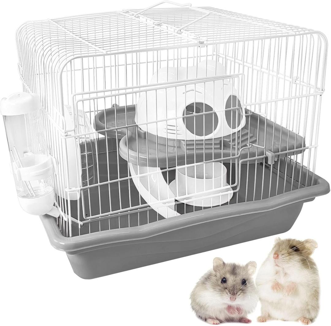 PINVNBY Dwarf Hamster Cage, Small Animal Cages, 2-Tier Travel Portable Mouse Cage Hamster Carrier with Castle House Running Exercise Wheels, Water Bottle and Food DishGray (13.78*10.23*11.02 in)