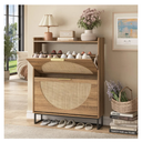 Maupvit Rattan Shoe Storage Cabinet with 2 Flip Drawers, Freestanding Shoe Organizer with Metal Legs for Entryway, Hidden Golden Handles, Narrow Shoe Rack Cabinet, Rustic Oak Rattan