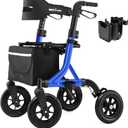 Rollator Walker for Seniors, Foldable All Terrain Rolling Walker with seat, Aluminum Walkers with 10 inch Rubber Wheels, Built-in Cable, Cup Holder, Adjustable Handles and Backrest for Seniors, Blue