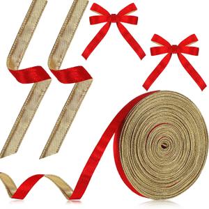 Yuxung 25 Yards x 5/8 Inch Christmas Velvet Ribbon for Gift Wrapping Metallic Silver Crushed Velvet Ribbon for Bows Making Wreath Decoration(Red, Gold)