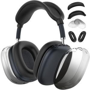 [4 in 1] Silicone Case Cover for AirPods Max, Clear Gradient Soft TPU Ear Cups Cover/Ear Pad Case Cover/Headband Cover Transparent Accessories for Apple AirPods Max (2024/2020)(USB-C/Lightning), Black
