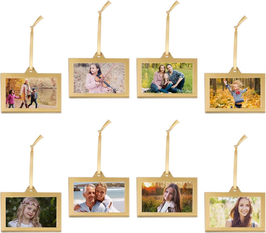 8 Pack Christmas Clear Hanging Photo Frame, 3x2 Inch Double-Sided Acrylic Small Photo Frame,Picture Frames Ornament for Family Photo, Christmas Tree, Xmas Party, Holiday Decoration(Gold)