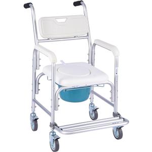  Bedside Commode Chair with Wheels, 350 lbs Capacity, 4-in-1 Portable Toilet and Raised Toilet Seat with Padded Seat/Backrest/Flip-up Footrest, Detachable 5L Bucket, Shower Wheelchair for Seniors