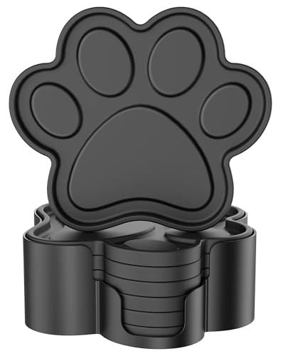ME.FAN Silicone Coasters 6 Pack Paw Cup Mat with Holder, Dog Cat Paw Shape, for Hot or Cold Drink, Non-Slip, Non-Stick, Room Decor, Housewarming Black