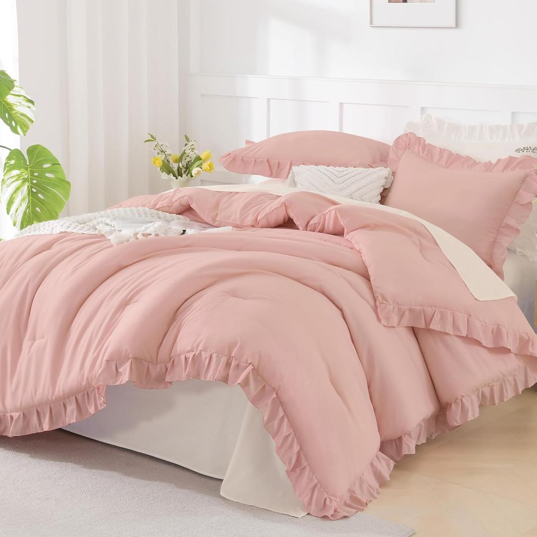 Andency Blush Pink Ruffle Comforter Queen, 3 Pieces Rustic Farmhouse Shabby Chic Comforter, All Season Soft Polyester Down Alternative Bedding Comforter Set (Queen (90"x90")
