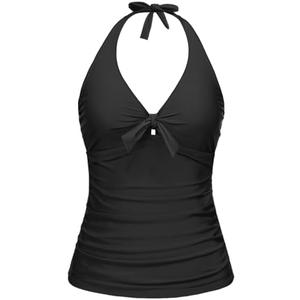 Women Halter Tankini Swim Top - Tummy Control Swimsuit Bathing Suit Top Front Tie Knot Swim Top Only 2025 Black, L