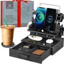 Black Wood Phone Docking Station for up to 3 Phones - Nightstand Organizer with Drawer for Valuables for Men & Women, Compatible With Apple Watch, Holds Phones, Tablets, Keys, Rings, Glasses, EDC