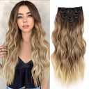 NAYOO Clip in Hair Extensions for Women 20 Inch Long Wavy Curly Ombre Brown to Blonde Hairpieces Full Head Synthetic Hair Hairpieces(6PCS,Ombre Brown to Blonde)