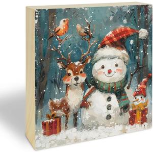 Winter Decor Wood Block Signs - Winter Snowman Table Desk Decor 5 x 5 Inches - Rustic Winter Decorations For Home Bathroom Bedroom Kitchen Party - Gifts For Family Friends - B02