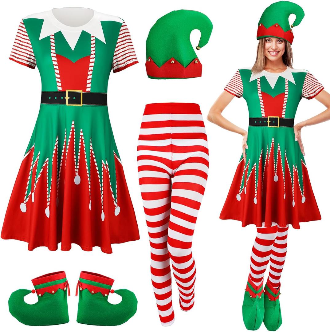 4 Pcs Women Christmas Elf Costume Set Santa's Helper Christmas Dress Elf Hat Striped Tights Shoes for Women (Medium)