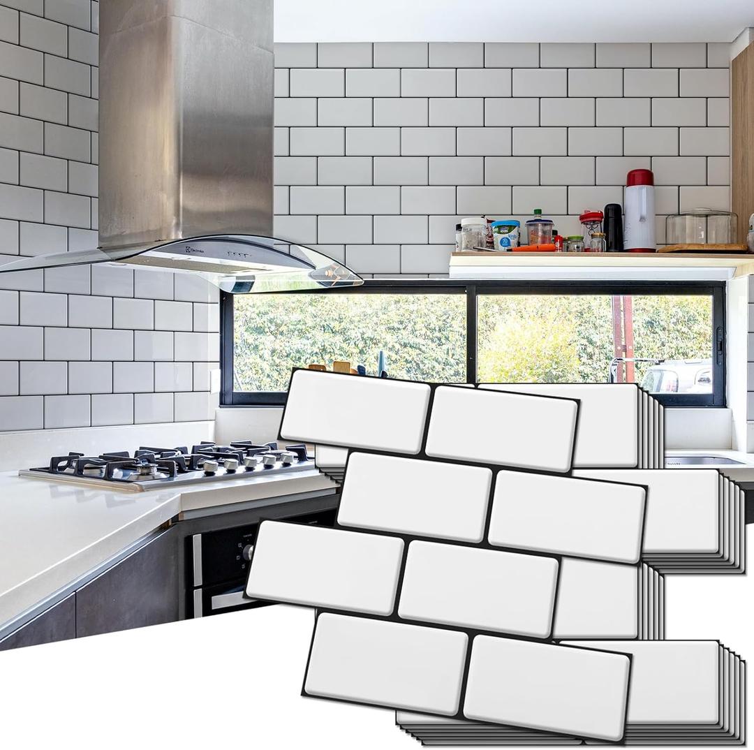 Art3d Peel and Stick Backsplash, 10-Pack Thickened Stick on Subway Tiles, Faux Ceramic Tiles for Kitchen, Bathroom, White (White With Black Grout)