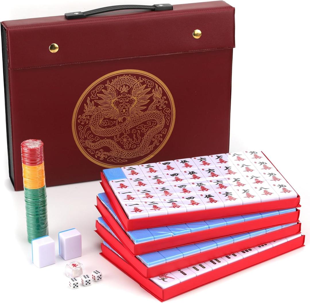 Mose Cafolo Chinese Mahjong Game Set 1.5" X-Large 144 Numbered White Blue Melamine Tiles with Carrying Travel Case,Complete Majong Majiang, Mah Jonng Game Set