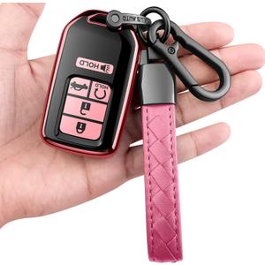 for Honda key fob cover with leather keychain,Soft TPU Full key Shell Protection,key fob case compatible Honda Accord Civic CRV Pilot Odyssey Passport Smart Remote KeyKey Fob Shell Pink