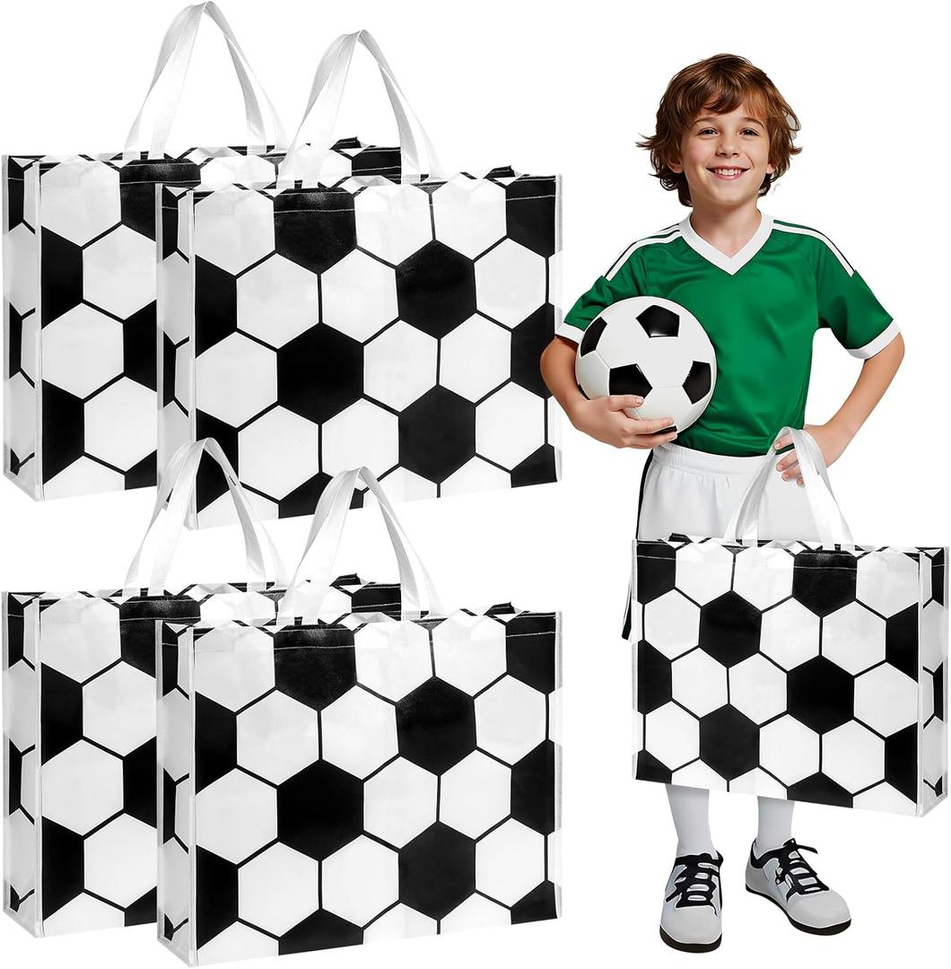 Liobelon 4 Pcs Extra Large Soccer Gift Bags, 19.7x15.8x5.1 inch Jumbo Party Favor Bag with Handles, Large Capacity Non-Woven Pouch for Sports Supplies, Picnic, Beach, Gift Storage, Birthday
