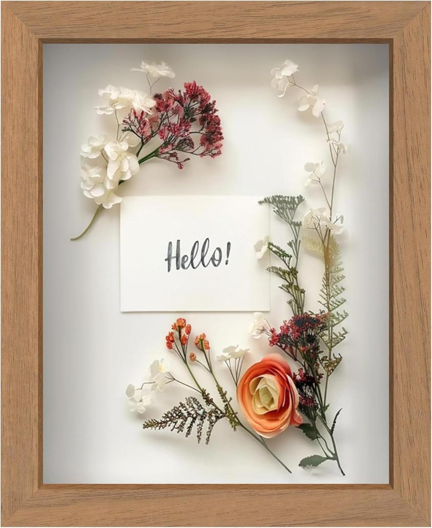 FrameWorks 8 x 10 Golden Oak Wooden Shadow Box Frame  Display Case with Soft Felt Back, Memory Box with Tempered Glass, Display Box with Elegant White Ball Push Pins, Wooden Flower Box