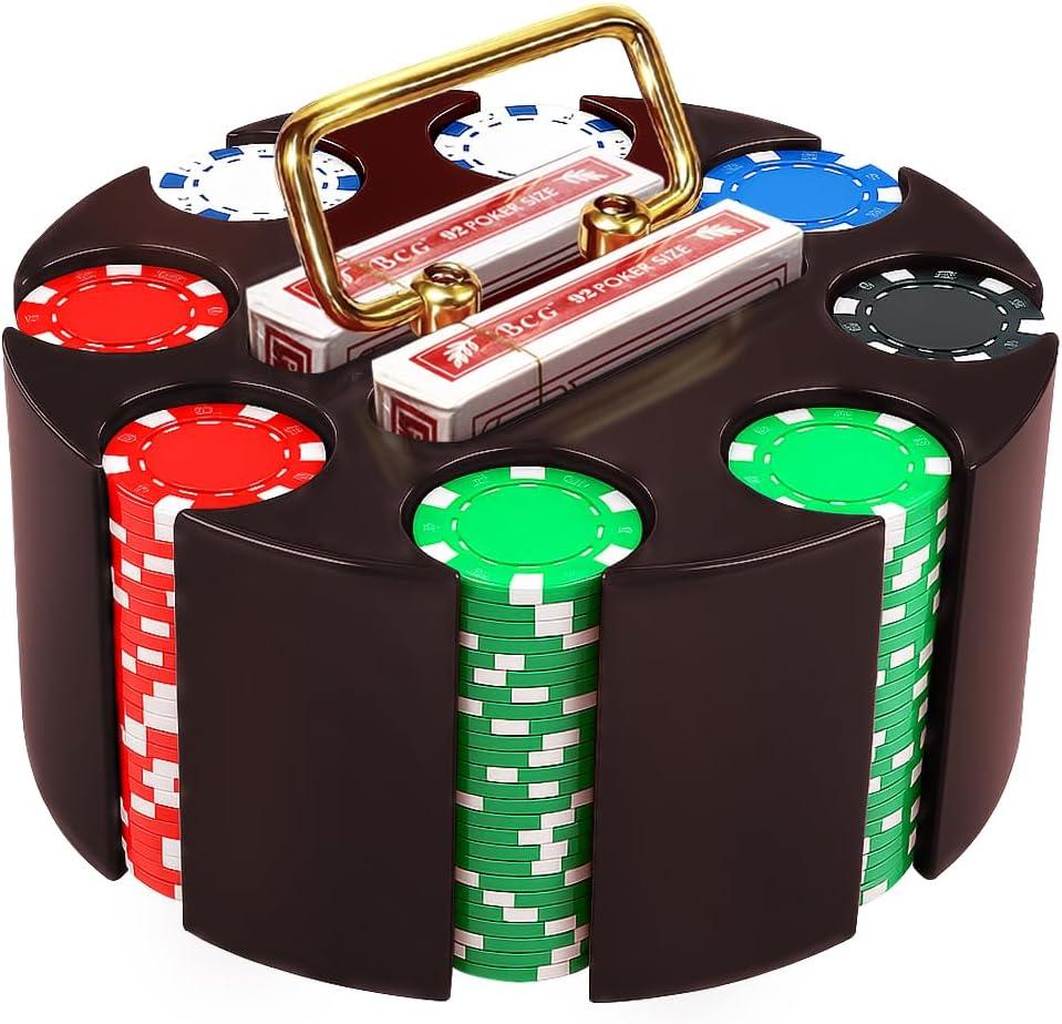 Poker Set, 200pcs 11.5gr Hefty Casino Chip Set with Solid Wooden Rotating Carousel Case and 2 Decks of Game Play Cards Kit for Beginners Casual and Professional Holdem Blackjack Poker Players