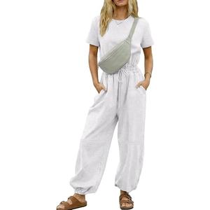 Nfsion Womens Casual Jumpsuit Crewneck Short Sleeve Long Wide Leg Pants One Piece Outfits Drawstring Romper with Pockets Medium Light Grey