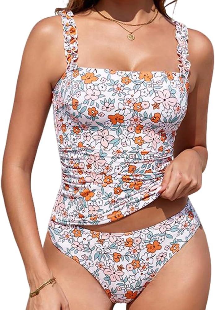 Tankini Swimsuits for Women Swimwear Ruffle Square Neck High Waisted Tummy Control Two Piece Swimsuit Vintage Bathing Suit (S)