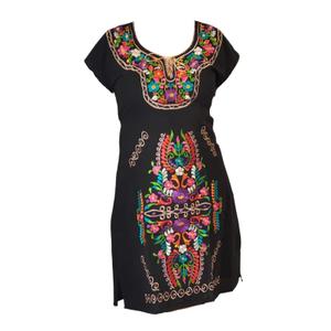 Authentic Mexican Embroidered Dress from Mexico womens vestidos bordados mexicanos huipil black colorful dress vestidos long traditional bordados Dress Short Sleeve (M, Black and Colors)