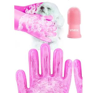 VIWIK Dog Bath Gloves with 4Pack Dog Toothbrush, Dog Grooming Kit, Dog Finger Toothbrush for Small Breed, Medium Large Dogs, Silicone Dog Washing Gloves with High-Density Teeth, Pink