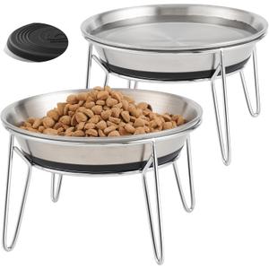 Cat Food Bowls, 2 Pcs Stainless Steel Cats Food and Water Whisker Fatigue Shallow Dishes, Small Dog Puppies Fat Faced Cat Kitten Supplies (2 Non-Slip Bowls with Stand)
