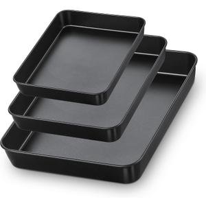 E-far Nonstick Baking Pans Set of 3, Rectangle Stainless Steel Sheet Cake Pan for Toaster Oven, 12.5/10.5/9.4 Inch, Black Bakeware for Brownie Lasagna Casserole Cake, Non-toxic & Healthy, 2 inch Deep