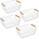 Ziliny 4 Pcs Metal Wire Basket with Wooden Handles Mesh Steel Storage Organizer Bin Containers for Home Organizing Cabinet Pantry Closet Kitchen Fridge Fruit Makeup Snacks Gifts(Small,Cream White)